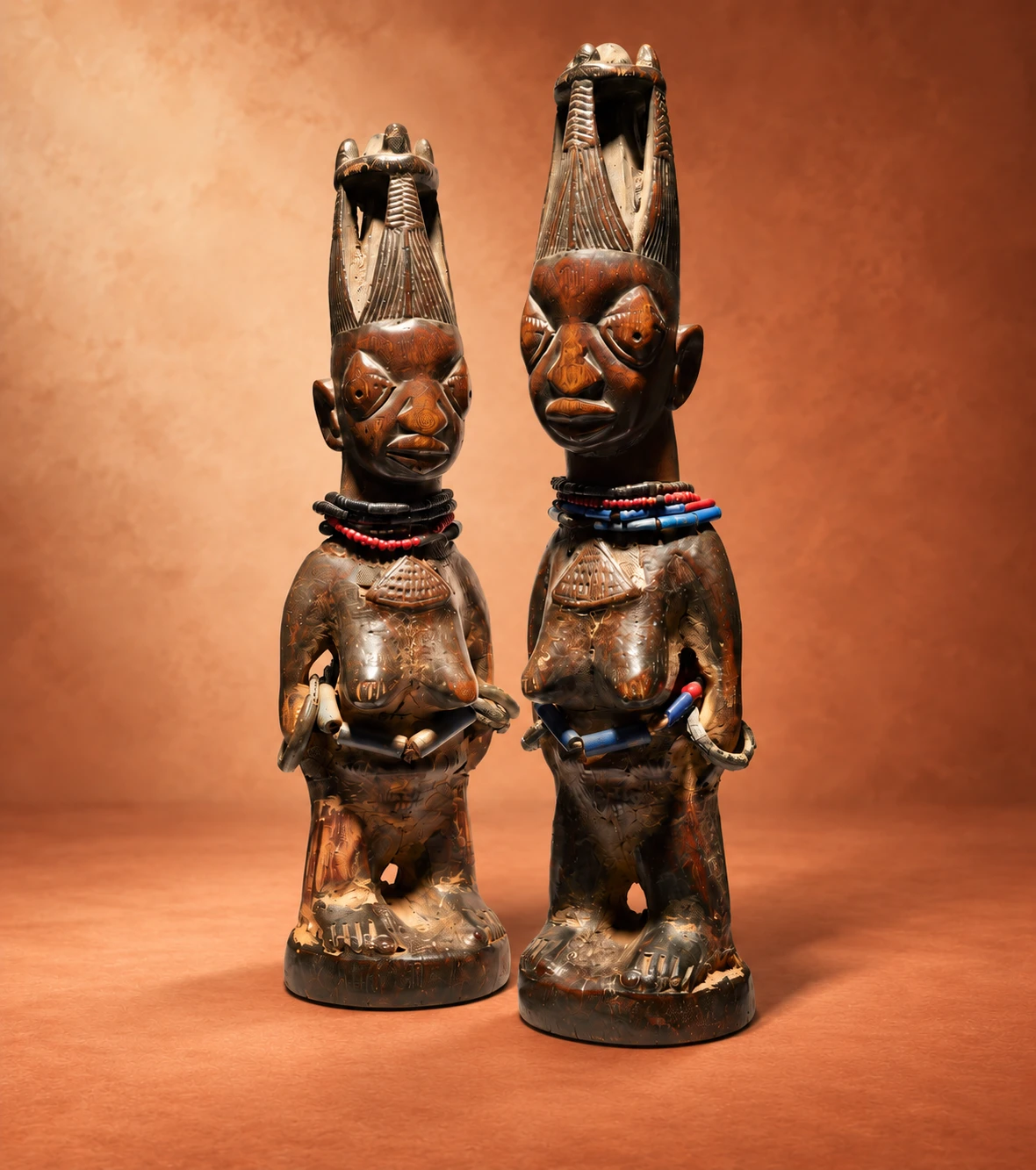 Dos figuras ere ibeji yoruba sobre un fondo terracota