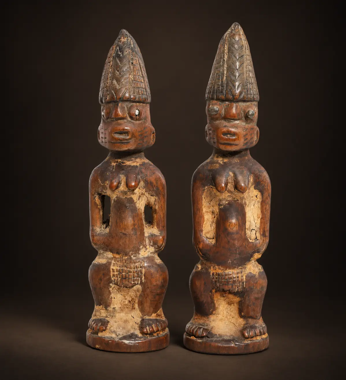 Dos figuras Ibeji de frente, con cofias cónicas y superficies marcadas por depósitos y desgaste